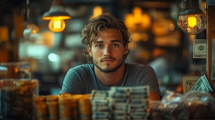 Young Business Owner with Money and Cash in Double Exposure Style