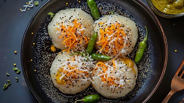 Top view of khaman Steamed Gujarati Snack garnished mustard seeds green chilies and shredded coconut served with chutney