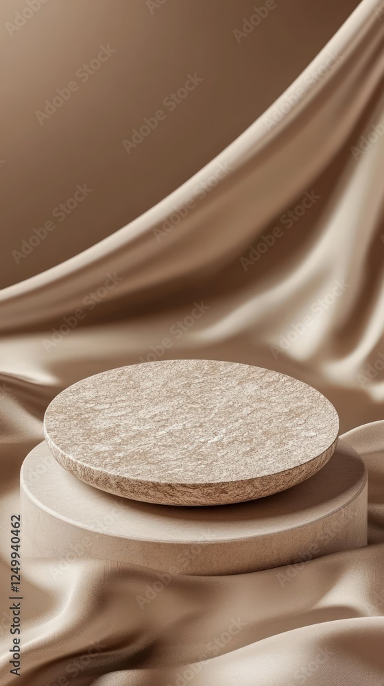 Poster elegant stone podium with flowing fabric in a soft setting