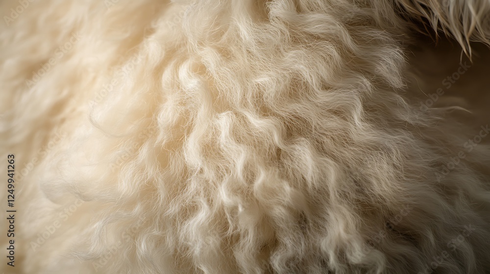 Poster close-up of soft, fluffy cream-colored fur displaying intricate textures and patterns illuminated by