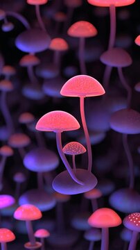 Colorful glow of mushrooms in a dark forest environment during nighttime
