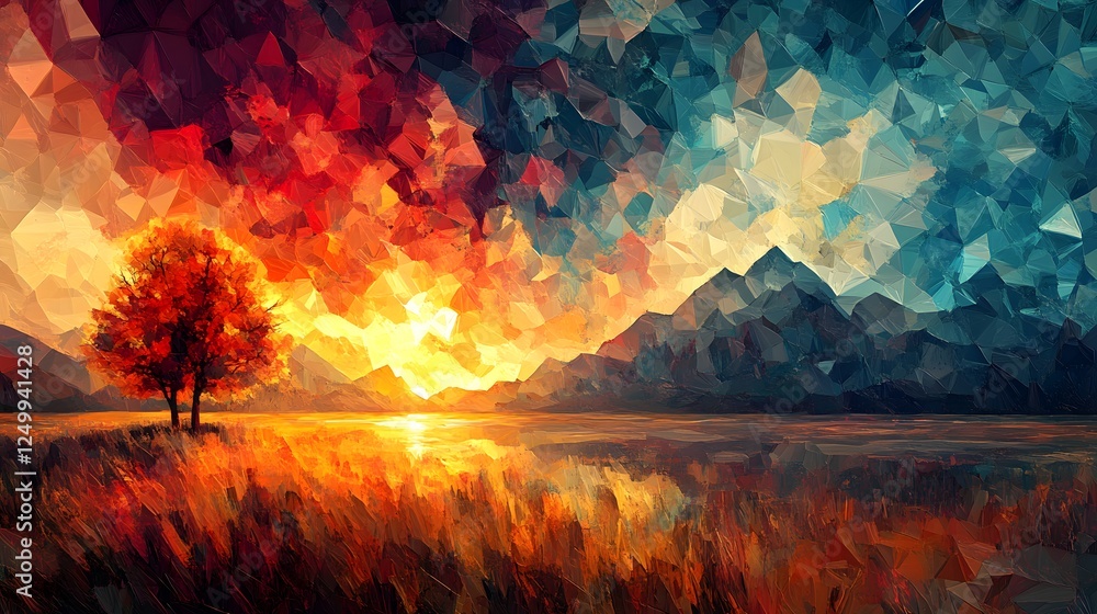 Poster impressionistic polygons an abstract illustration of a sunset with a tree in the foreground and colo