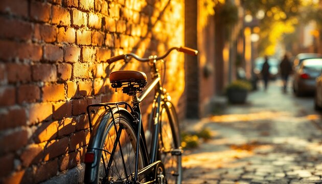Vintage Bicycle Parked Against Brick Wall at Sunset on Quiet Street - Powered by Adobe