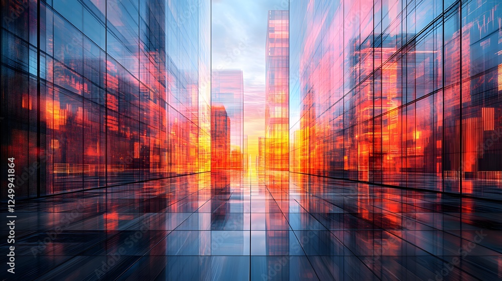 Poster graphic visualizations data represented with color in a vibrant city skyline showcasing tall buildin