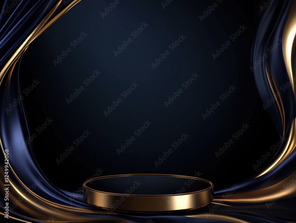 Poster elegant display podium with flowing fabric backdrop in deep blues