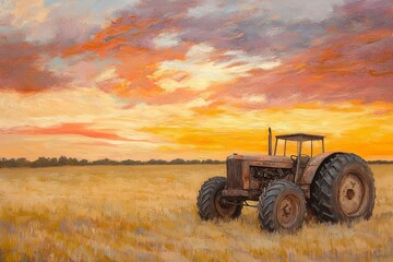 Fototapeta premium A rustic tractor sits in a golden field under a vibrant sunset, capturing the serene beauty of rural agriculture.