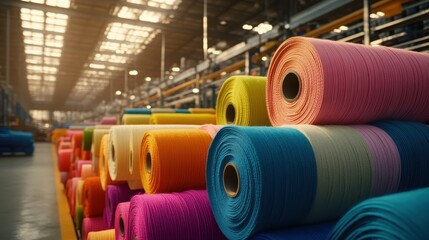 Vibrant and Colorful Rolls of Thread Stacked in Textile Manufacturing Warehouse