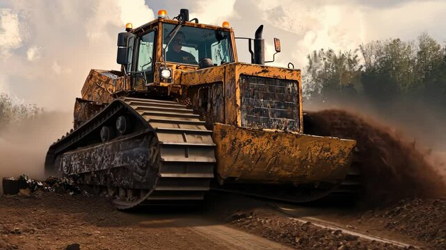 Massive dozer pushing through mud, creating new path, operator focused on task, mud splattering as heavy tracks roll over soft ground.