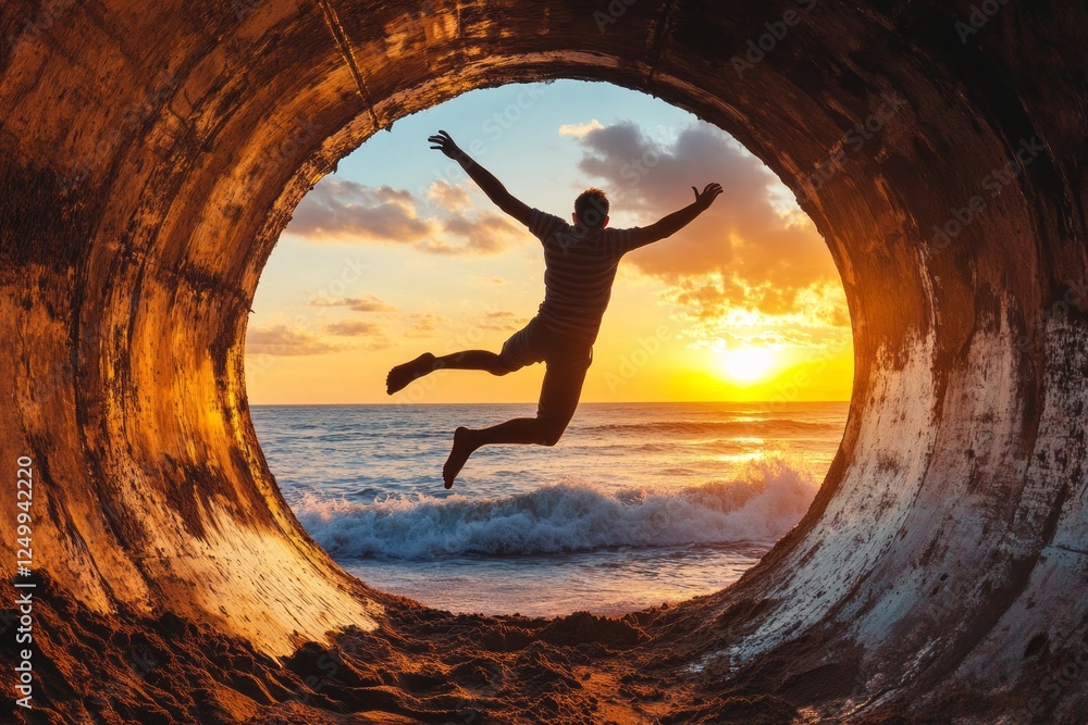Poster a man joyfully jumps through a circular tunnel on the beach, silhouetted against a vibrant sunset. t