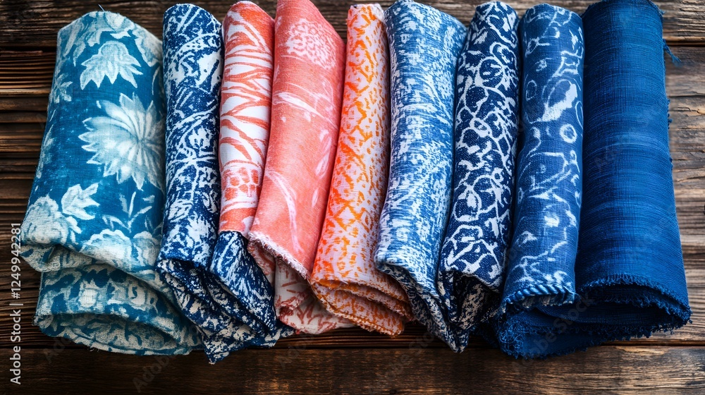 Poster graphic patterns textile designs displayed on a wooden surface with colorful printed towels in vario