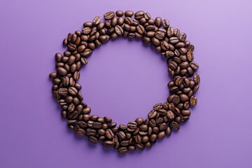 Obraz premium Ring of roasted coffee beans on a purple background