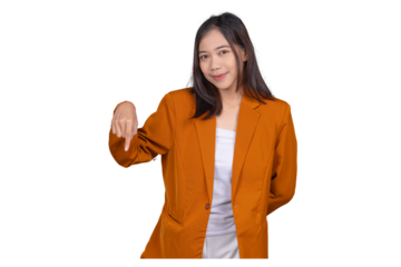 Portrait of Young Businesswoman Pointing Down Isolated Transparent