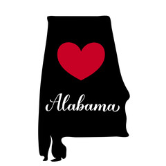 Alabama calligraphy hand lettering with map. USA patriotic sign. Vector template for typography poster, banner, flyer, greeting card, etc.
