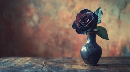 Fototapeta premium Elegant Black Rose in Decorative Vase Against Vintage Textured Background