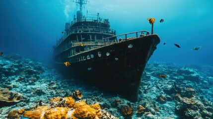 Abandoned Shipwreck Surrounded by Vibrant Coral Reef and Colorful Marine Life Under Crystal Clear Water