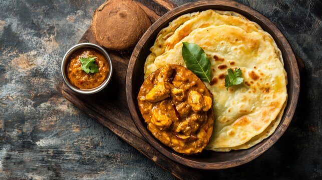 Top view of malabar parotta Layered Flatbread served a side of spicy chicken curry and a small bowl of coconut chutney