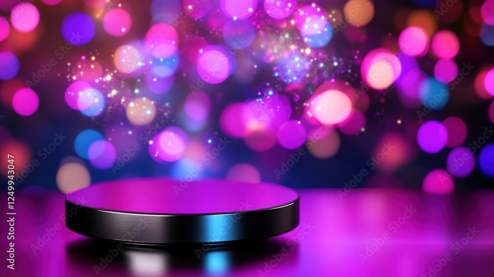 Poster circular platform with bokeh background illuminated with purple light