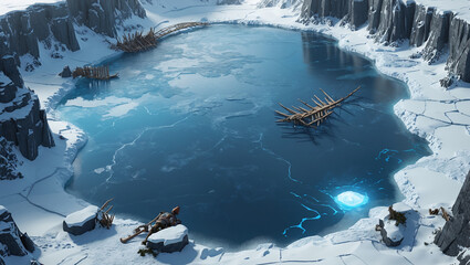 凍った湖、難破船、冬の景観、神秘的な輝き、北極の風景、ピクセルゲームの背景。