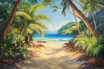 Fototapeta premium A scenic beach view framed by lush palm trees and vibrant foliage, leading to a tranquil sea under a bright blue sky.