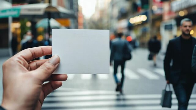 Close-up of a hand holding a blank card with a blurred urban backdrop, suitable for lifestyle-related ads. - Powered by Adobe