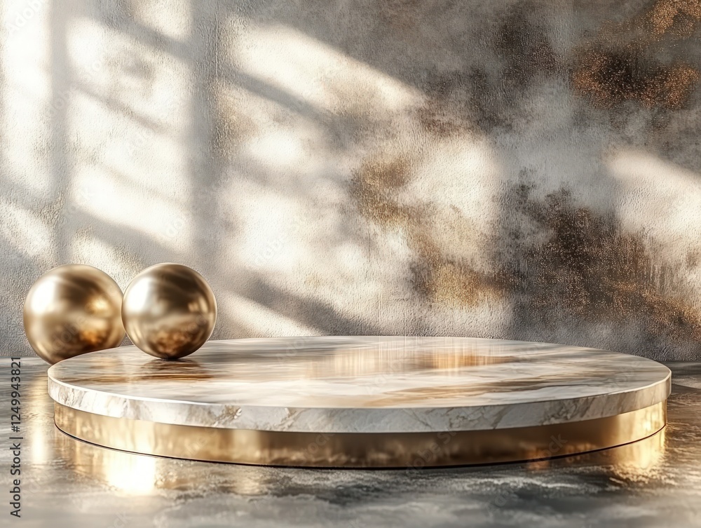 Poster marble and gold circular platform with spheres and textured backdrop