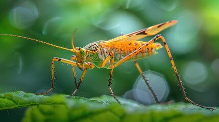 A close-up shot of a grasshopper perched on a leaf.