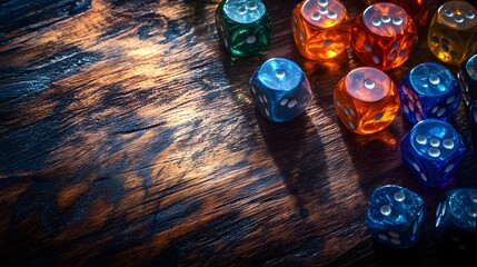 Game design elements showcased on a colorful table with various dice cards and tokens for tabletop gaming fun