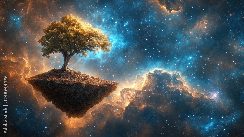 Poster solitary tree on a floating island in space