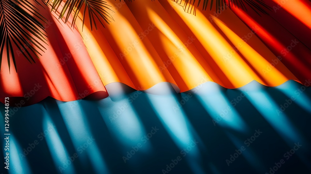 Poster flat form design top-down view of layered paper showcasing artistic shadows from a palm tree on a te