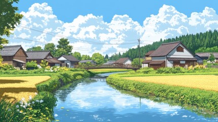 Obraz premium Serene Rural Landscape with Traditional Houses and Tranquil River Flowing Through Lush Green Fields