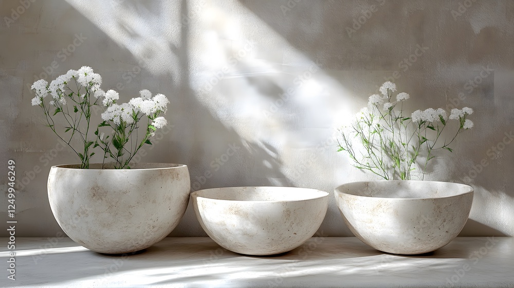 Poster elegant shapes smooth rounded objects on a clean surface featuring three white bowls filled with col