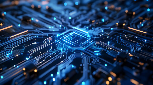 Futuristic blockchain circuit with glowing microchip and vibrant digital network
