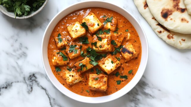 Top view of paneer tikka masala Spiced Cottage Cheese Curry a creamy tomato gravy garnished with coriander and served with butter naan