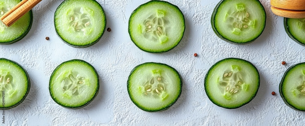 Poster fresh cucumber slices on light background