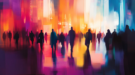 Abstract cityscape with blurred silhouettes of diverse people creating a tapestry of colors and movement. Tapestry & Textile Art Effects. Illustration