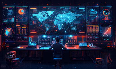 Isometric business illustration, schematic style, minimalistic flat design with clean lines and bold colour, showing a businessman working on a laptop at a modern desk, large data charts and graphs 