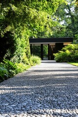 Fototapeta premium A contemporary pathway gracefully guides you to a chic minimalist home, beautifully nestled amidst vibrant greenery in a serene garden oasis