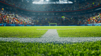 Vibrant soccer stadium filled with enthusiastic fans under bright lights