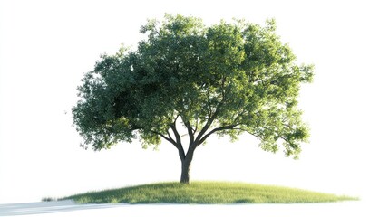 Lush green tree on grassy hill, sunlight, white background, nature design