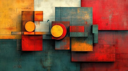 A vibrant abstract painting featuring a colorful geometric composition with overlapping squares and circles, evoking a sense of dynamic energy and creativity.