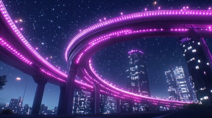 Neon Lit City Highway Overpass Under Night Sky