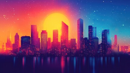 Obraz premium Vibrant Cityscape Sunset Skyline Starry Night