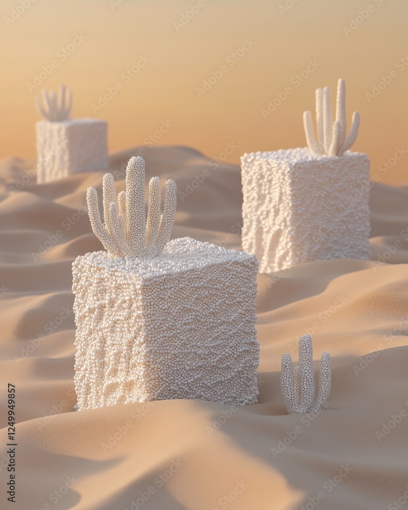 Poster surreal desert landscape with cube shaped objects and cacti