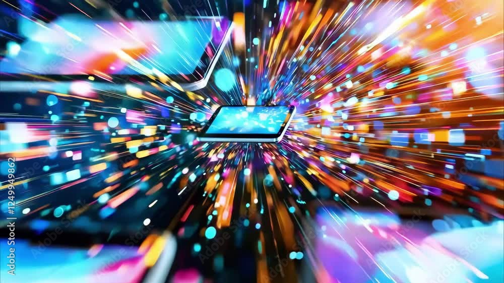 Poster a burst of colorful lights and digital devices, creating a vibrant, dynamic sense of technology and 