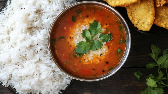 Top view of rasam South Indian Spiced Soup garnished coriander leaves served alongside steamed rice and crispy papad
