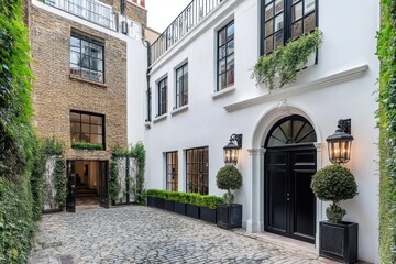 Fototapeta premium Elegant cobblestone courtyard showcasing modern architecture and greenery in a serene urban setting with well-maintained plants and stylish entryway