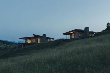 Modern hillside homes blend into the twilight landscape, showcasing sleek architecture and peaceful surroundings at dusk in a serene countryside setting