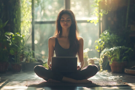 A woman sitting on a rug in a room with a laptop.