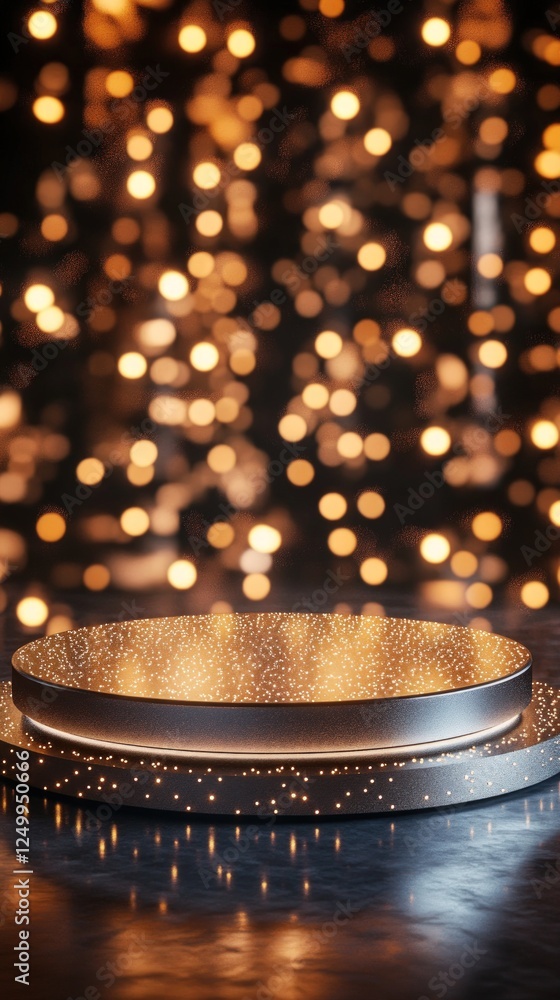 Poster circular platform is illuminated against backdrop of sparkling lights