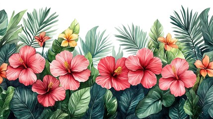 Fototapeta premium Watercolor painting of hibiscus flowers and tropical leaves